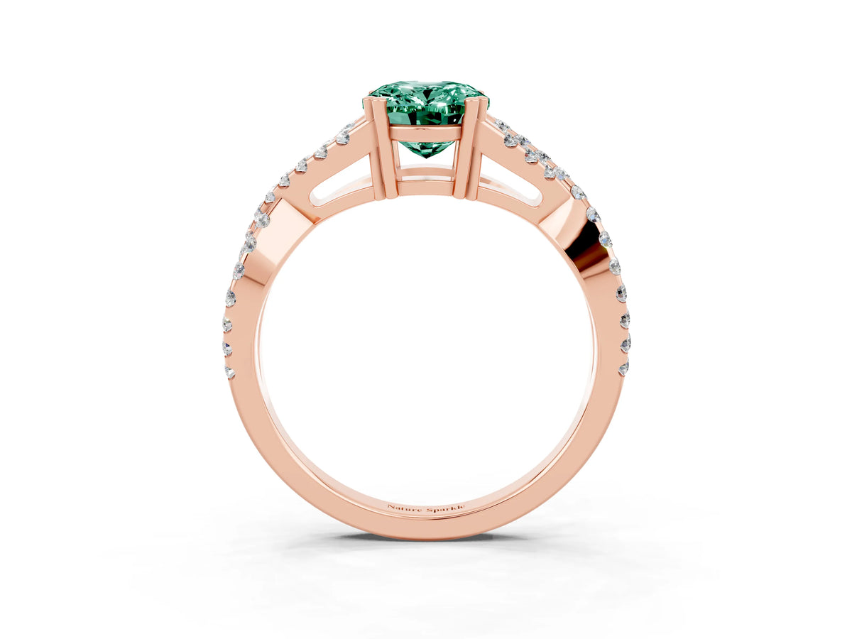 Oval Cut Green Sapphire Solitaire Ring in Rose gold with Interwoven Pavé Band and Prong Setting_3