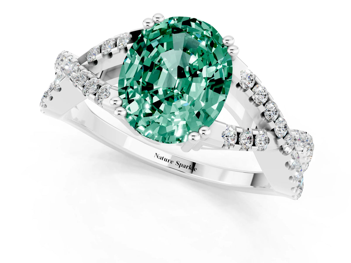 Oval Cut Green Sapphire Solitaire Ring in Silver with Interwoven Pavé Band and Prong Setting_7