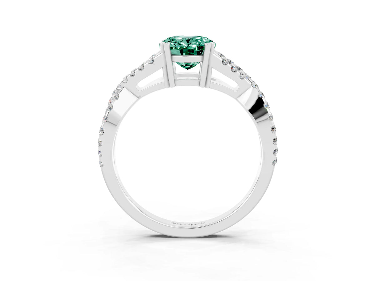 Oval Cut Green Sapphire Solitaire Ring in White gold with Interwoven Pavé Band and Prong Setting_3