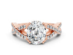 Oval Cut Moissanite Solitaire Ring in Rose gold with Interwoven Pavé Band and Prong Setting