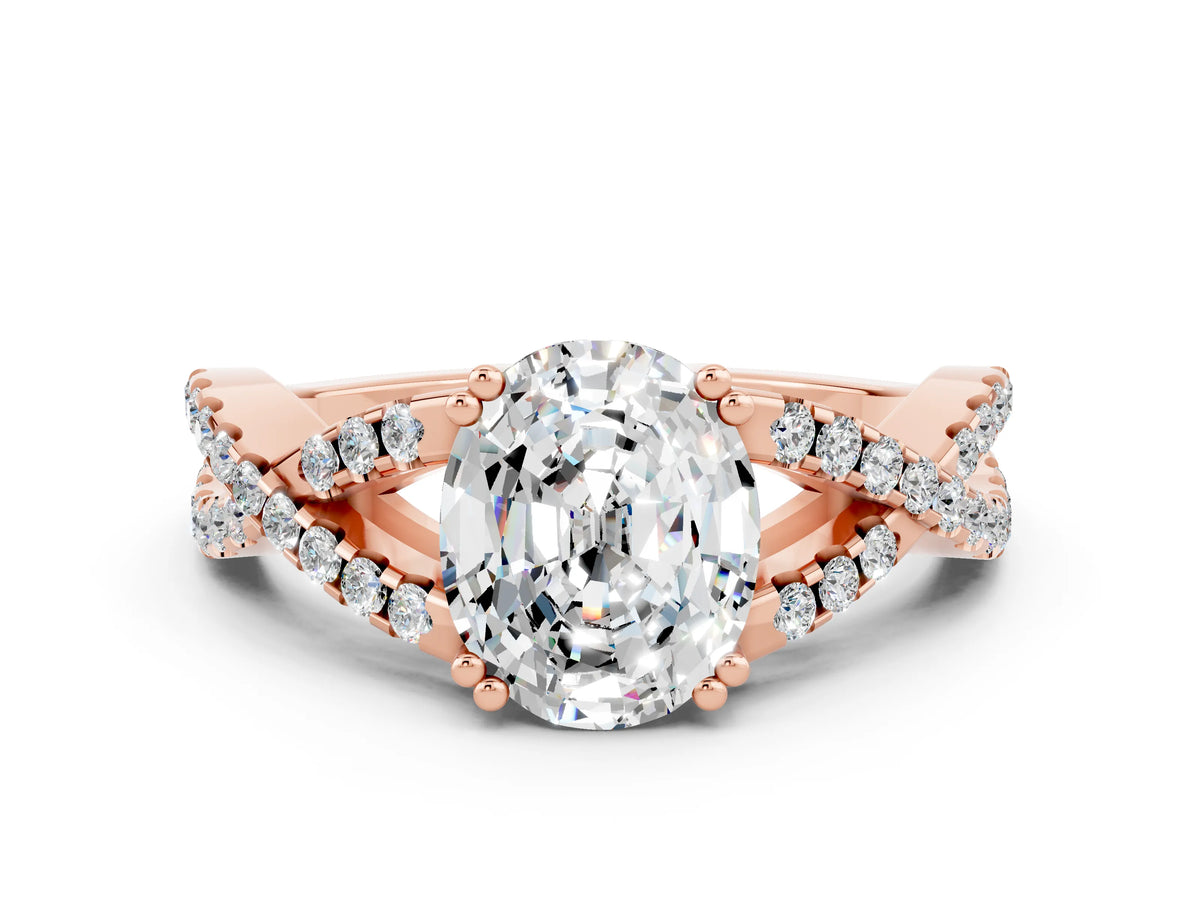 Oval Cut Moissanite Solitaire Ring in Rose gold with Interwoven Pavé Band and Prong Setting