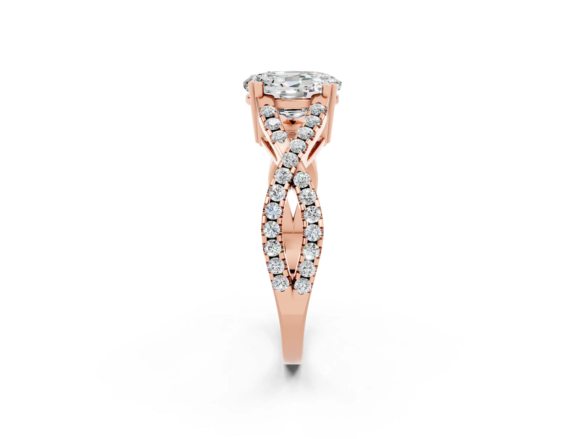 Oval Cut Moissanite Solitaire Ring in Rose gold with Interwoven Pavé Band and Prong Setting_2