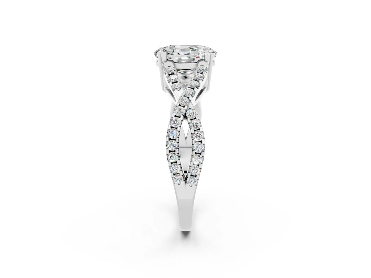 Oval Cut Moissanite Solitaire Ring in Silver with Interwoven Pavé Band and Prong Setting_8