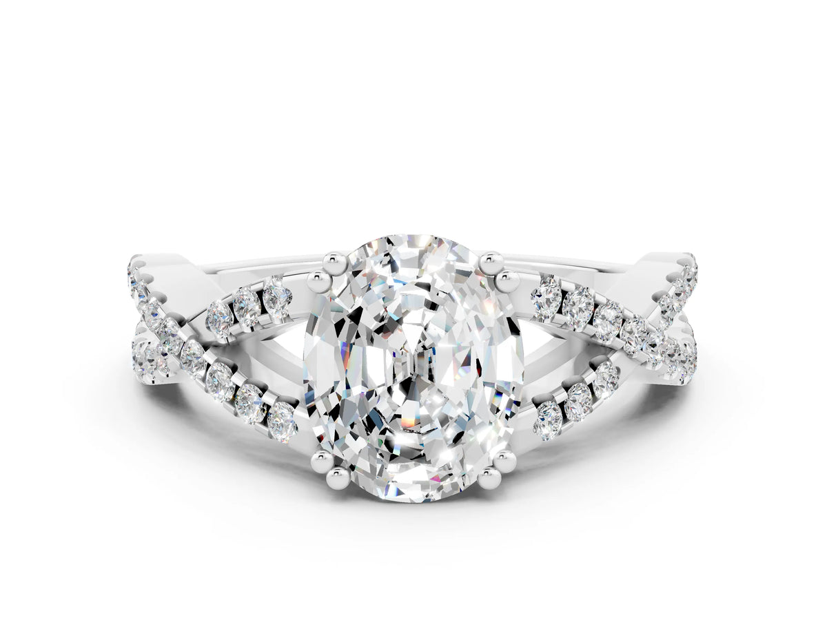 Oval Cut Moissanite Solitaire Ring in White gold with Interwoven Pavé Band and Prong Setting