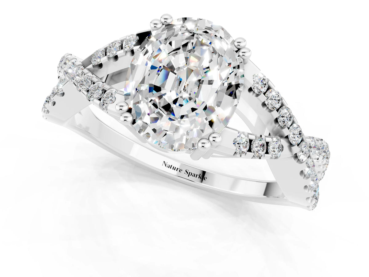 Oval Cut Moissanite Solitaire Ring in White gold with Interwoven Pavé Band and Prong Setting_1
