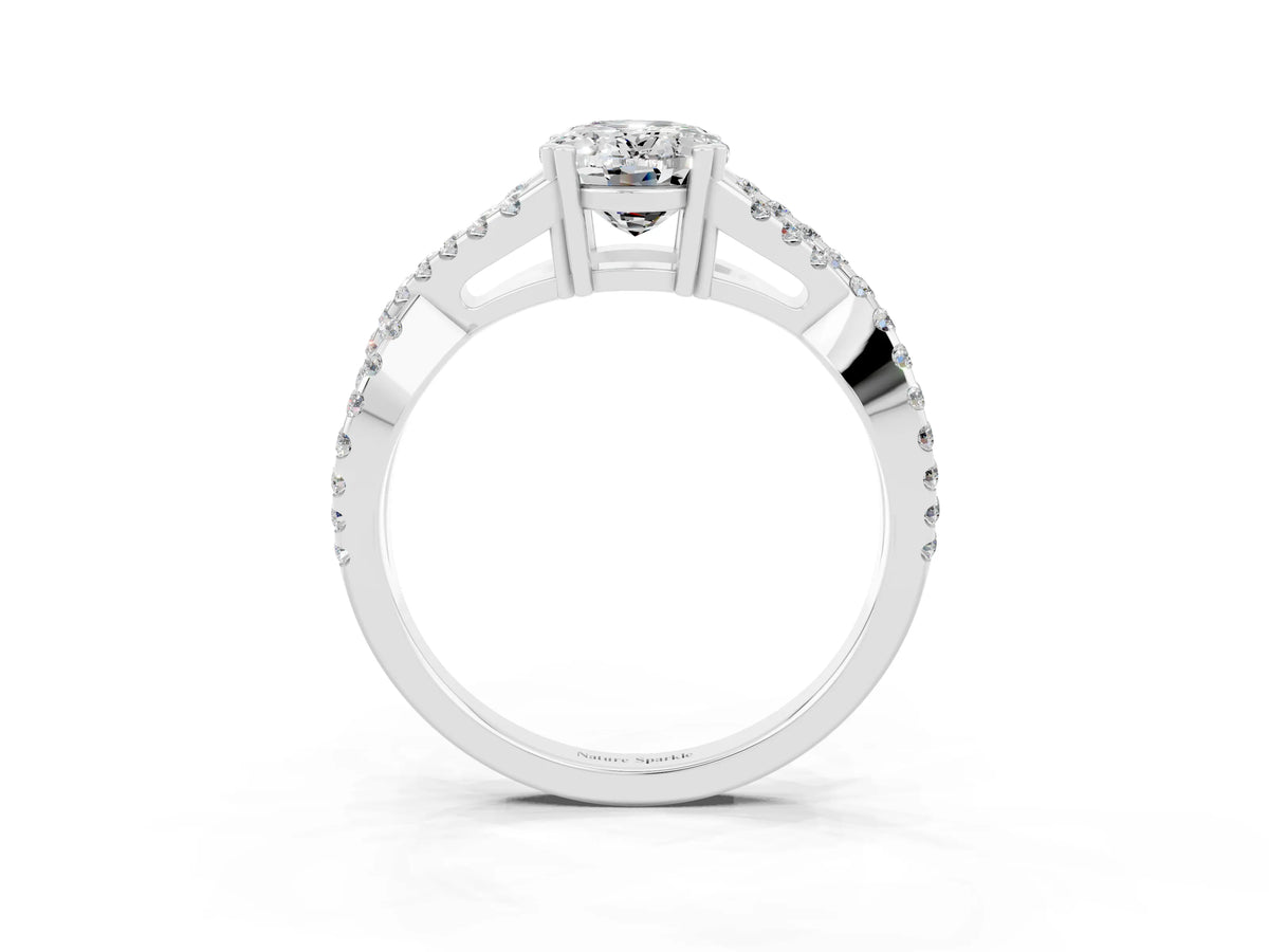 Oval Cut Moissanite Solitaire Ring in White gold with Interwoven Pavé Band and Prong Setting_3