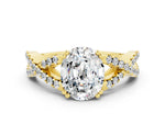 Oval Cut Moissanite Solitaire Ring in Yellow gold with Interwoven Pavé Band and Prong Setting