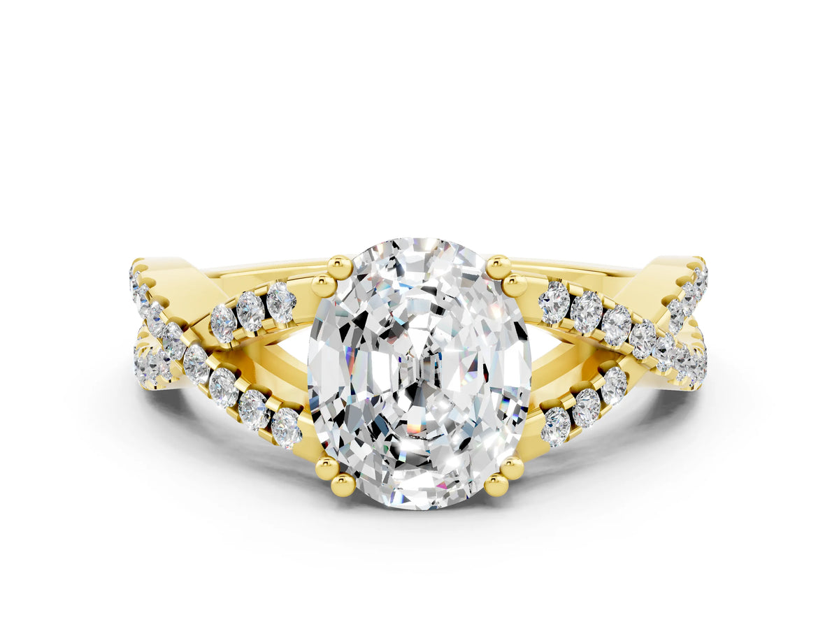 Oval Cut Moissanite Solitaire Ring in Yellow gold with Interwoven Pavé Band and Prong Setting