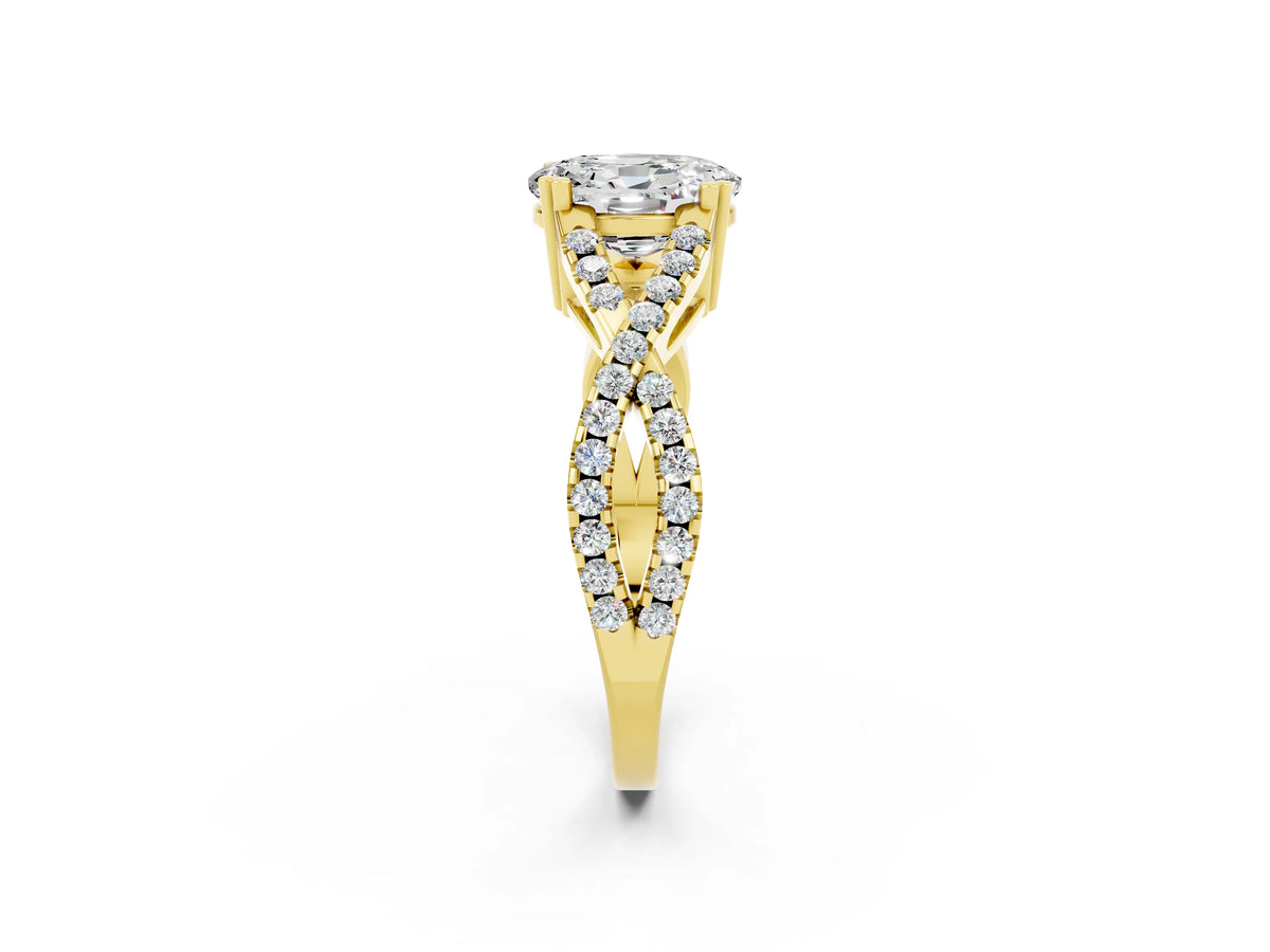 Oval Cut Moissanite Solitaire Ring in Yellow gold with Interwoven Pavé Band and Prong Setting_2