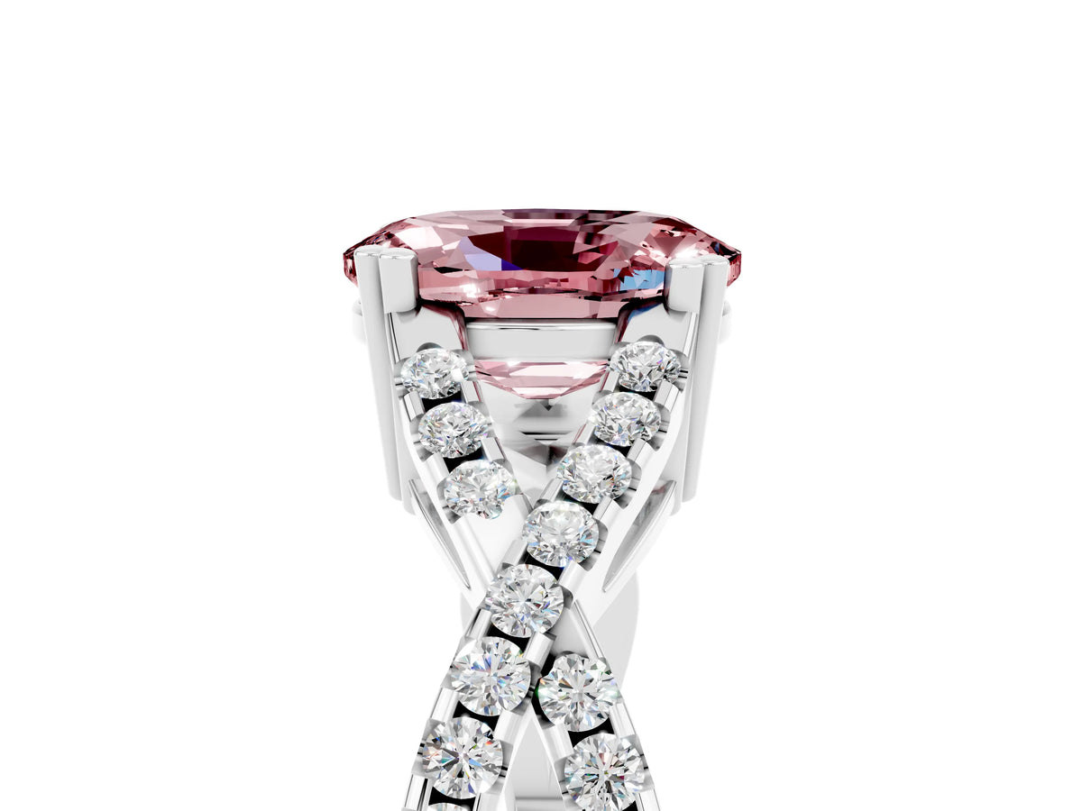 Oval Cut Morganite Solitaire Ring in Platinum with Interwoven Pavé Band and Prong Setting_11