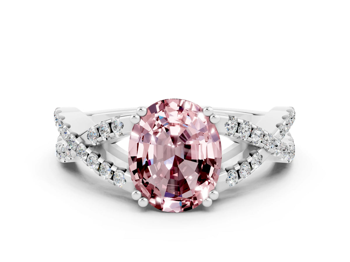 Oval Cut Morganite Solitaire Ring in Platinum with Interwoven Pavé Band and Prong Setting_6