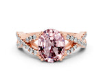 Oval Cut Morganite Solitaire Ring in Rose gold with Interwoven Pavé Band and Prong Setting