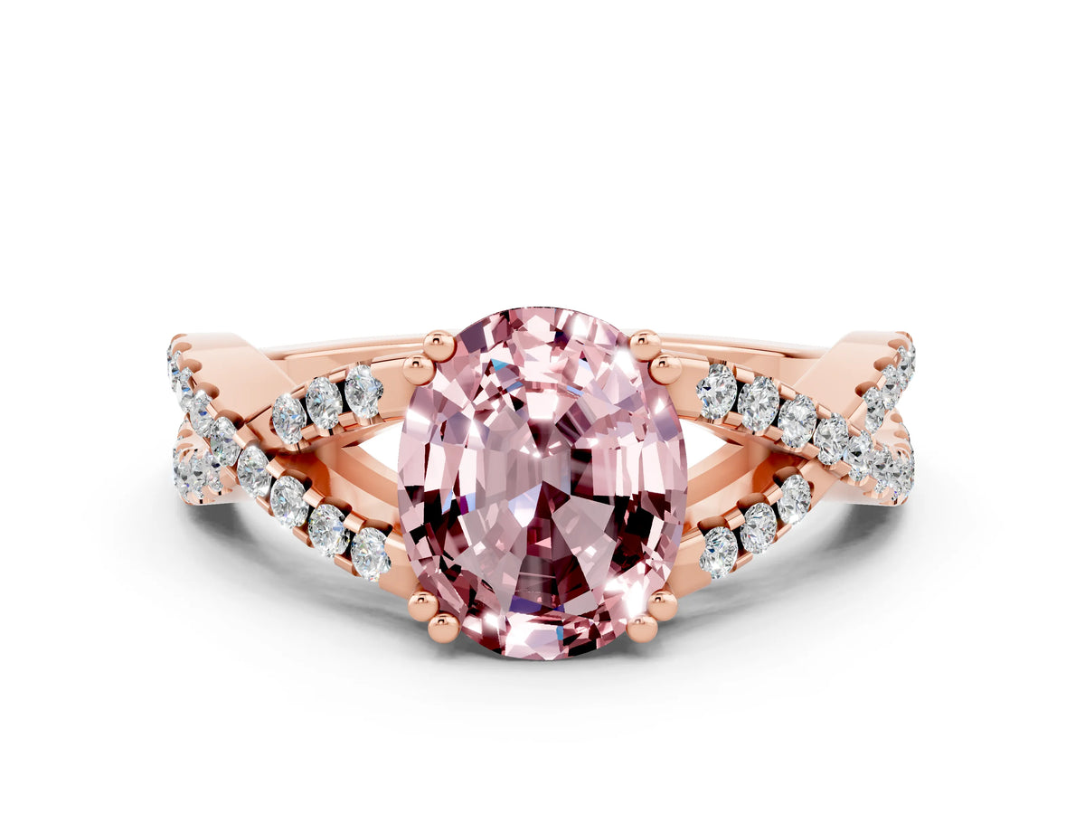 Oval Cut Morganite Solitaire Ring in Rose gold with Interwoven Pavé Band and Prong Setting