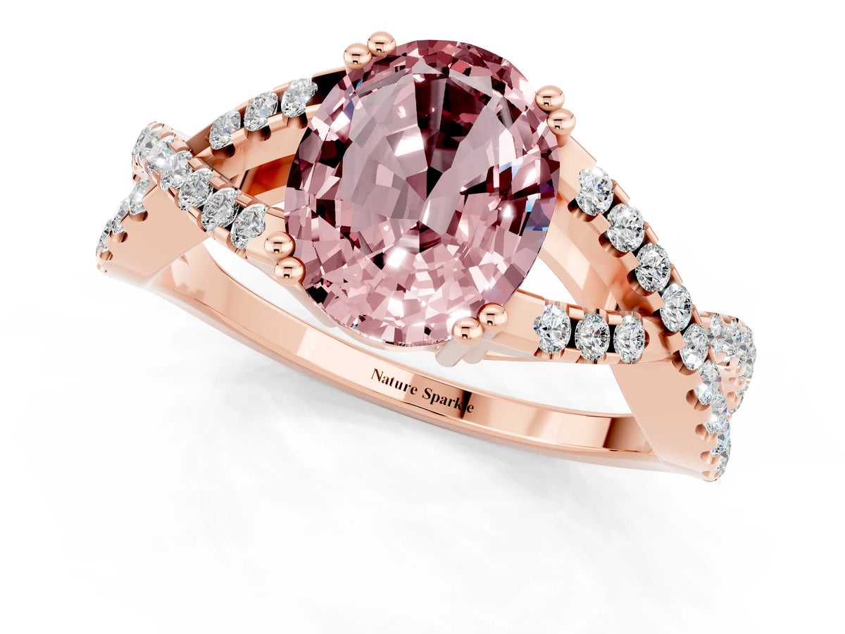 Oval Cut Morganite Solitaire Ring in Rose gold with Interwoven Pavé Band and Prong Setting_1