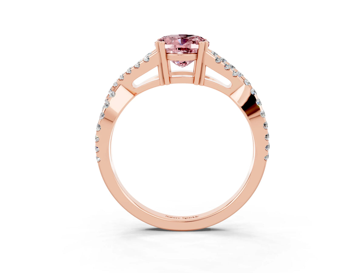 Oval Cut Morganite Solitaire Ring in Rose gold with Interwoven Pavé Band and Prong Setting_3