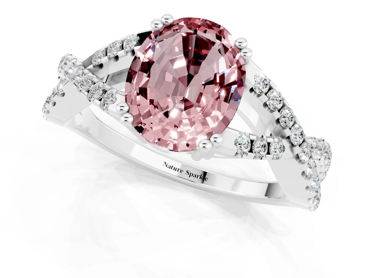 Oval Cut Morganite Solitaire Ring in White gold with Interwoven Pavé Band and Prong Setting_1