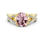 Oval Cut Morganite Solitaire Ring in Yellow gold with Interwoven Pavé Band and Prong Setting