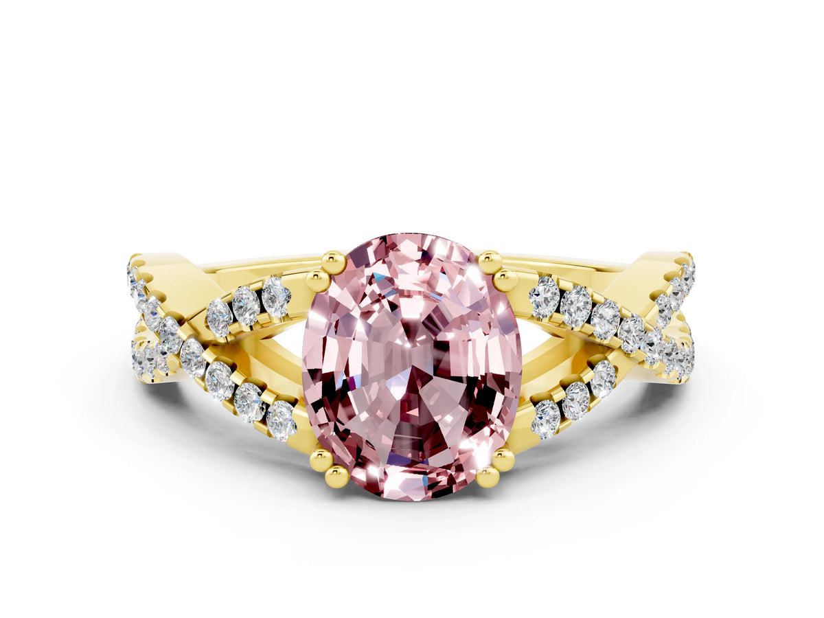 Oval Cut Morganite Solitaire Ring in Yellow gold with Interwoven Pavé Band and Prong Setting