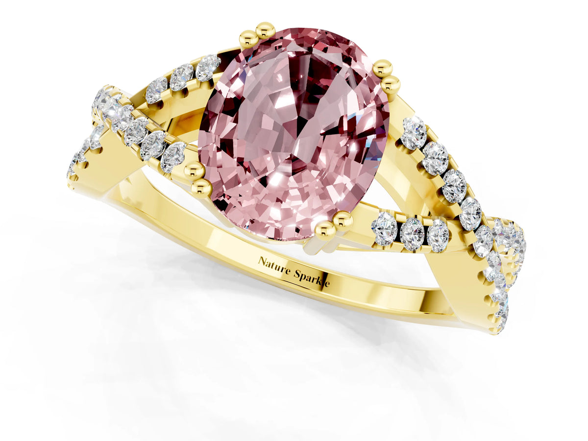Oval Cut Morganite Solitaire Ring in Yellow gold with Interwoven Pavé Band and Prong Setting_1