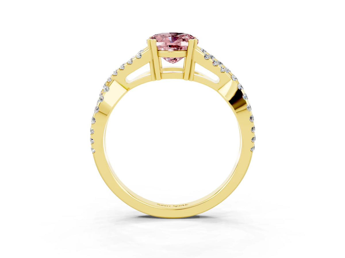 Oval Cut Morganite Solitaire Ring in Yellow gold with Interwoven Pavé Band and Prong Setting_3