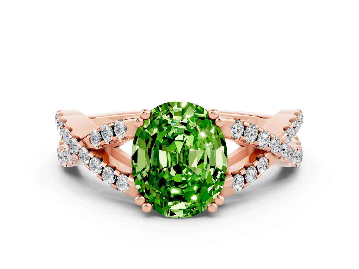 Oval Cut Peridot Solitaire Ring in Rose gold with Interwoven Pavé Band and Prong Setting