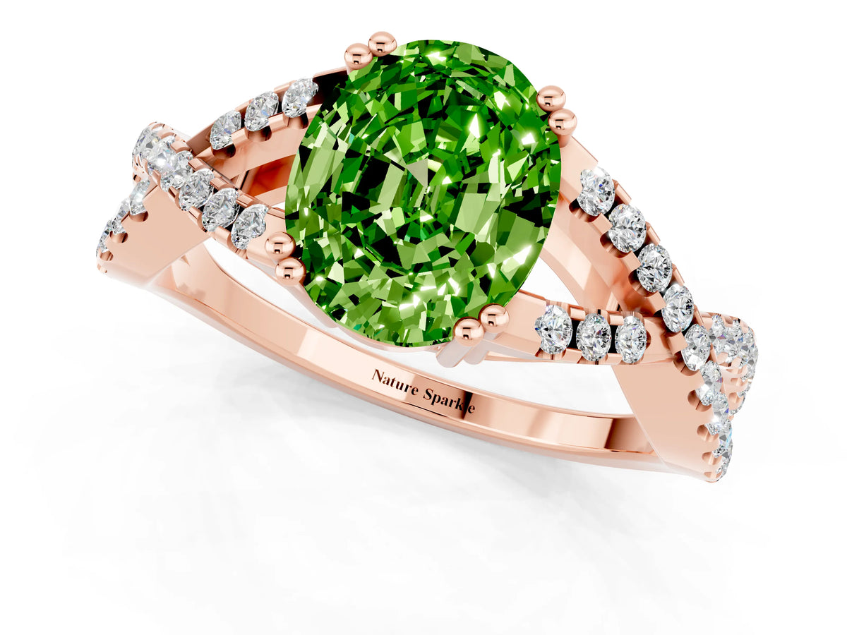 Oval Cut Peridot Solitaire Ring in Rose gold with Interwoven Pavé Band and Prong Setting_1