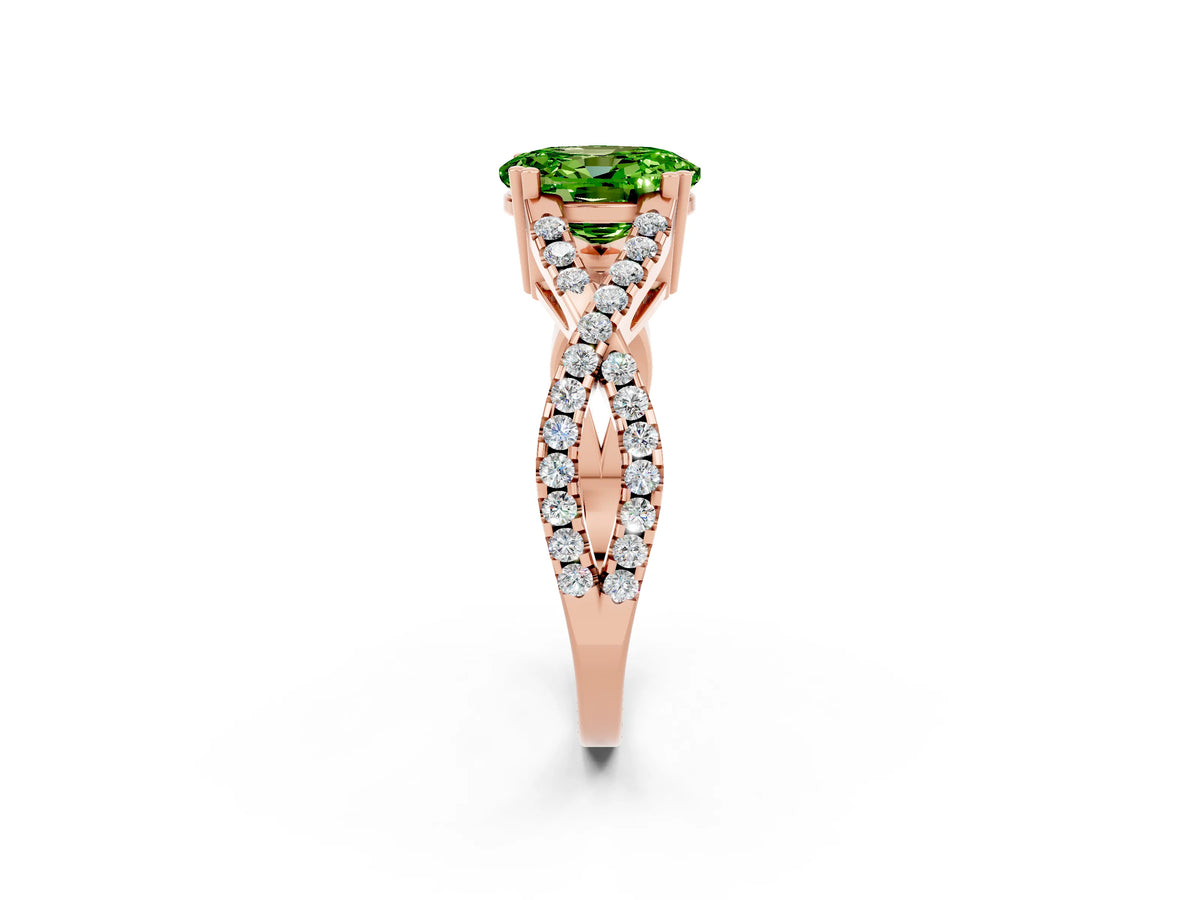 Oval Cut Peridot Solitaire Ring in Rose gold with Interwoven Pavé Band and Prong Setting_2