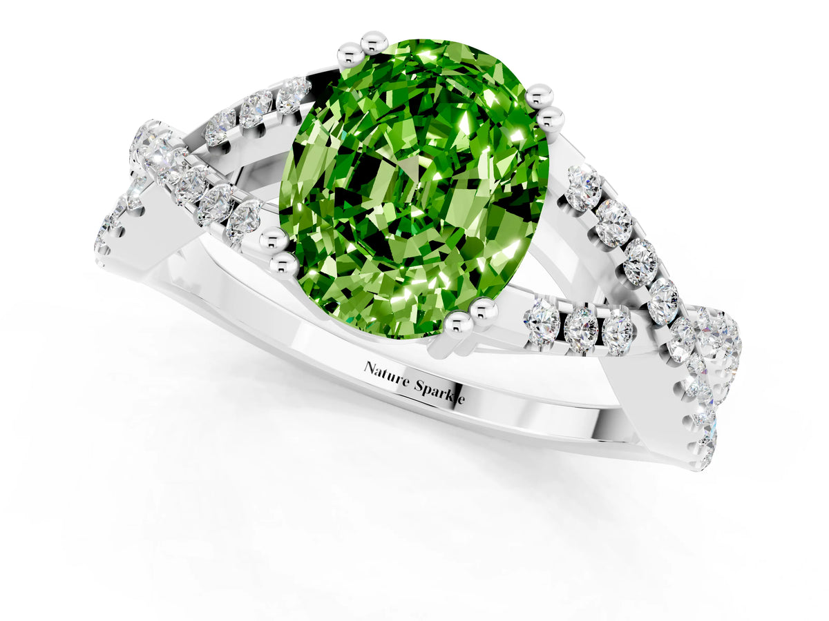Oval Cut Peridot Solitaire Ring in Silver with Interwoven Pavé Band and Prong Setting_7