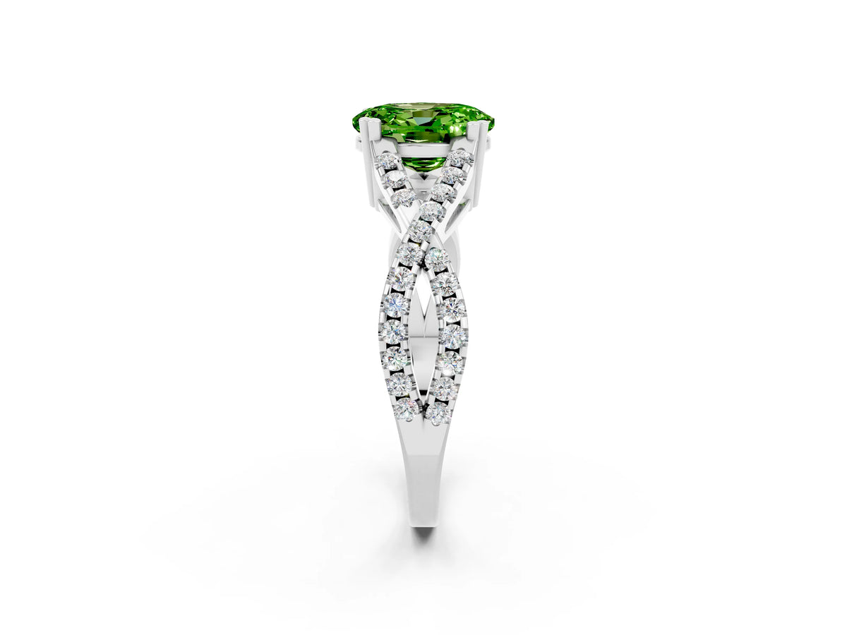 Oval Cut Peridot Solitaire Ring in Silver with Interwoven Pavé Band and Prong Setting_8