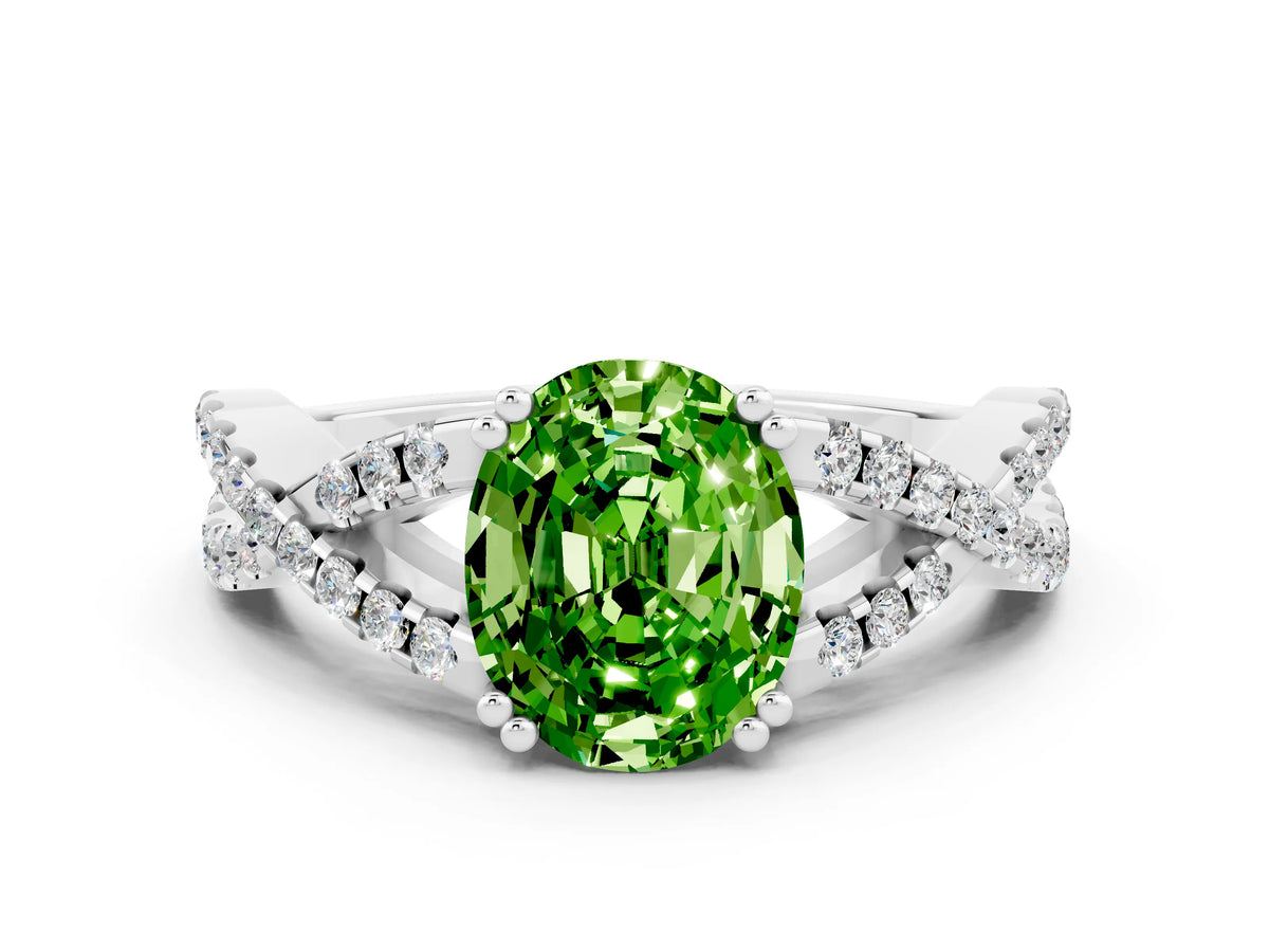 Oval Cut Peridot Solitaire Ring in White gold with Interwoven Pavé Band and Prong Setting