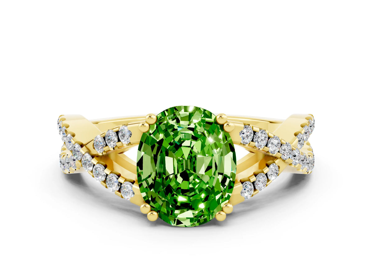 Oval Cut Peridot Solitaire Ring in Yellow gold with Interwoven Pavé Band and Prong Setting