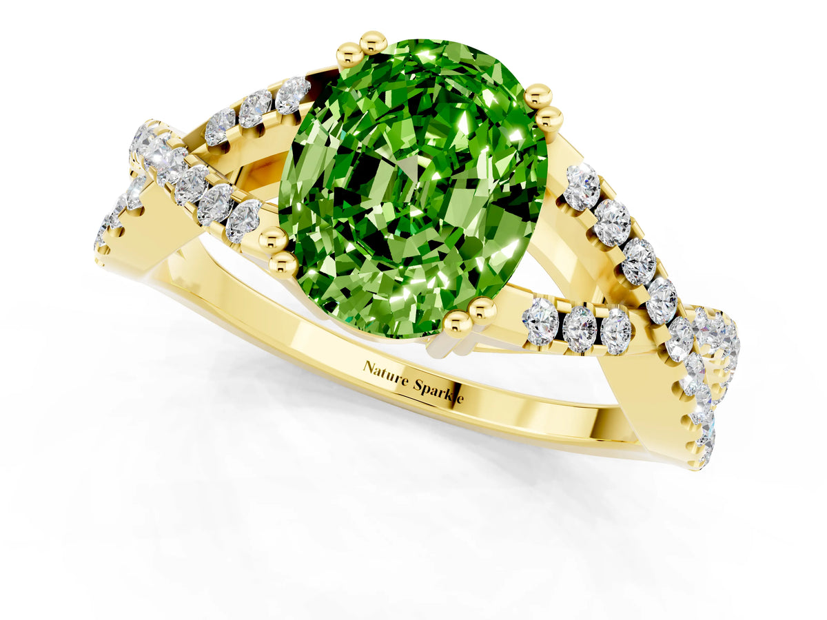 Oval Cut Peridot Solitaire Ring in Yellow gold with Interwoven Pavé Band and Prong Setting_1