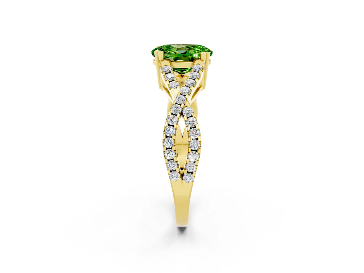 Oval Cut Peridot Solitaire Ring in Yellow gold with Interwoven Pavé Band and Prong Setting_2