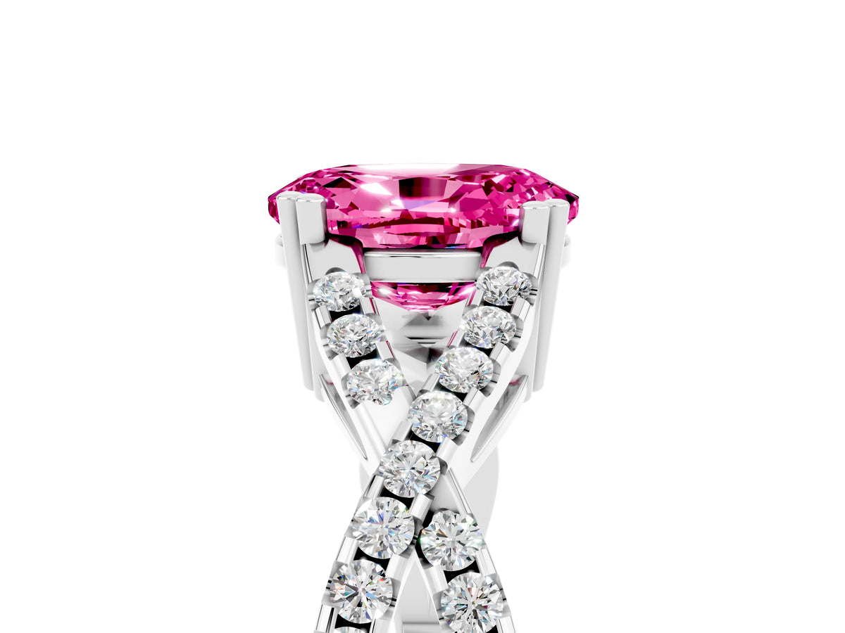 Oval Cut Pink Sapphire Solitaire Ring in Platinum with Interwoven Pavé Band and Prong Setting_11