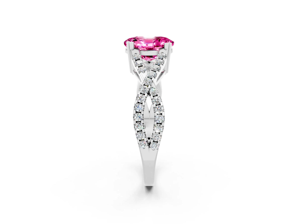 Oval Cut Pink Sapphire Solitaire Ring in Platinum with Interwoven Pavé Band and Prong Setting_8