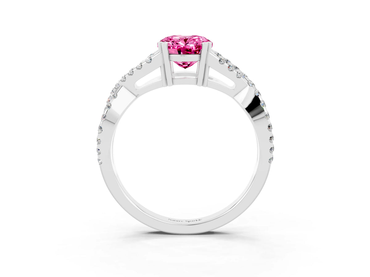 Oval Cut Pink Sapphire Solitaire Ring in Silver with Interwoven Pavé Band and Prong Setting_9