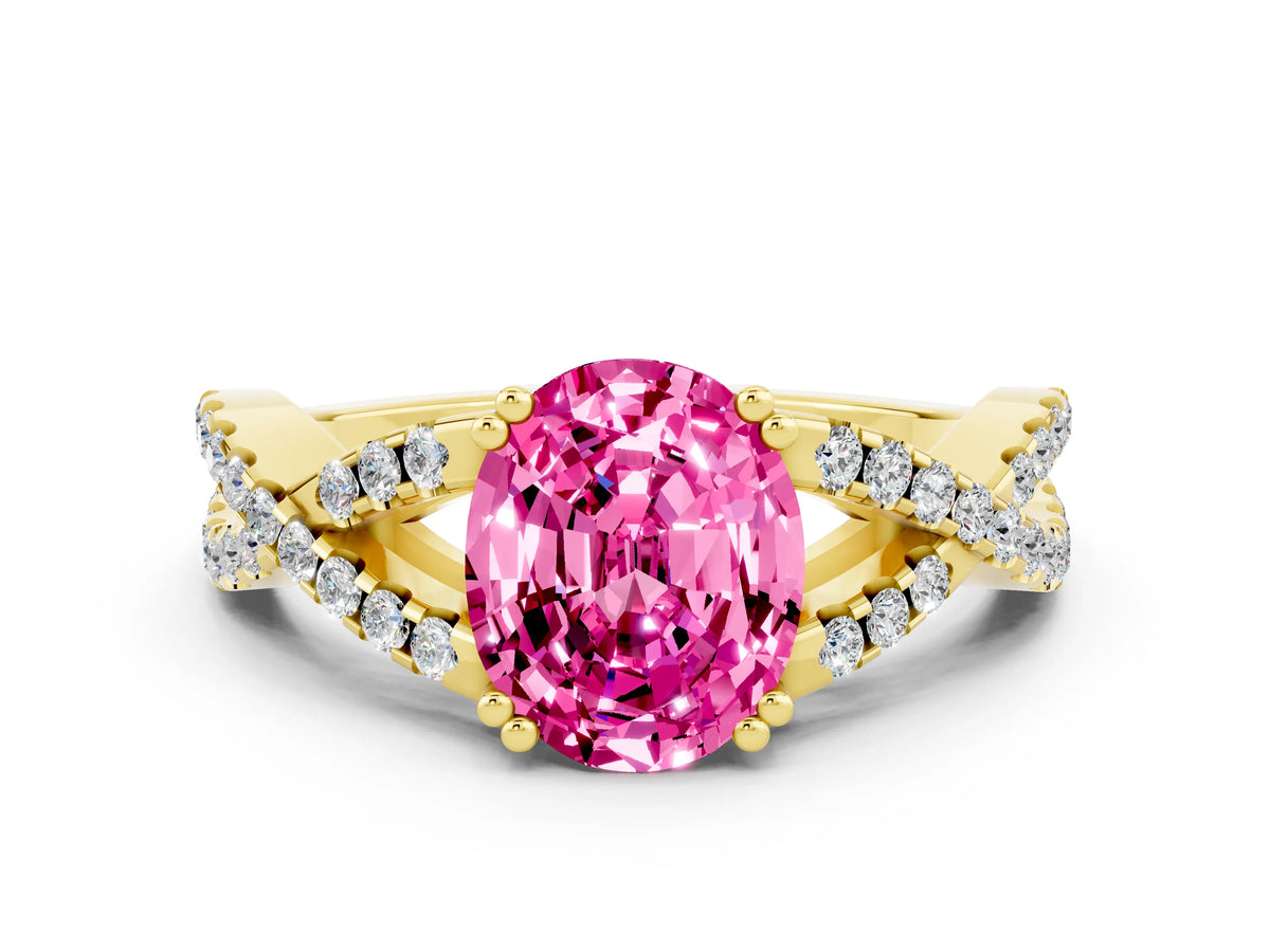 Oval Cut Pink Sapphire Solitaire Ring in Yellow gold with Interwoven Pavé Band and Prong Setting