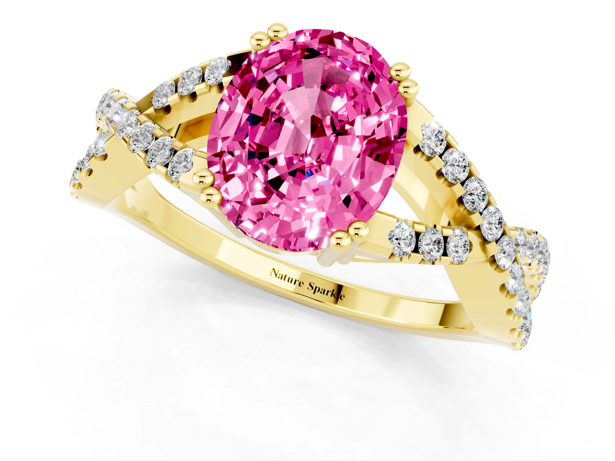 Oval Cut Pink Sapphire Solitaire Ring in Yellow gold with Interwoven Pavé Band and Prong Setting_1