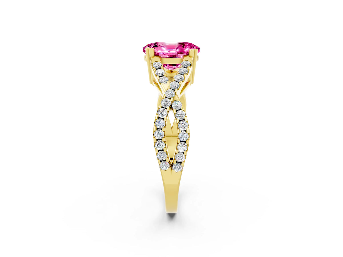 Oval Cut Pink Sapphire Solitaire Ring in Yellow gold with Interwoven Pavé Band and Prong Setting_2
