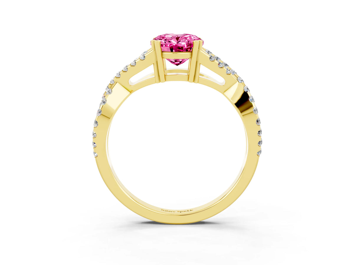 Oval Cut Pink Sapphire Solitaire Ring in Yellow gold with Interwoven Pavé Band and Prong Setting_3