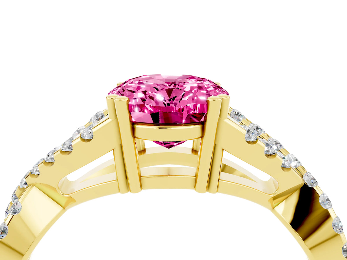 Oval Cut Pink Sapphire Solitaire Ring in Yellow gold with Interwoven Pavé Band and Prong Setting_4