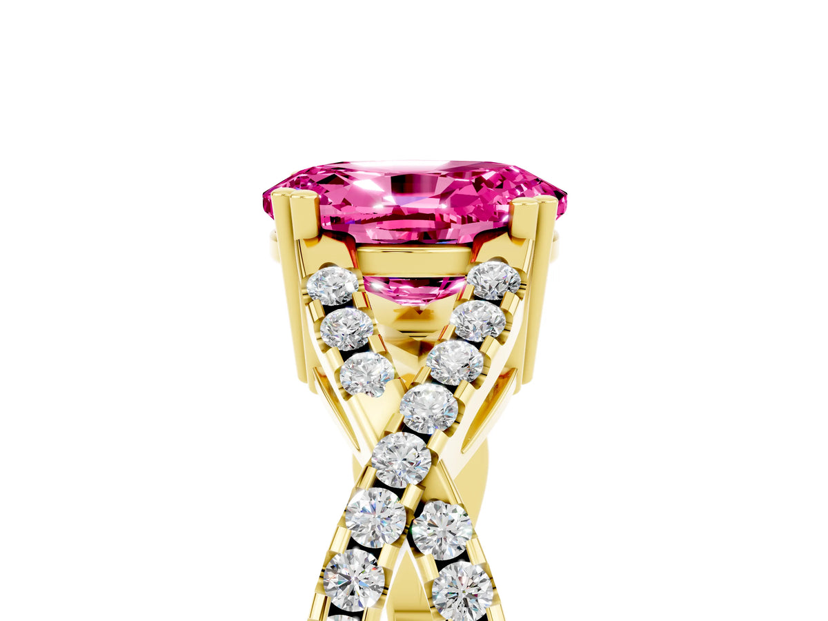 Oval Cut Pink Sapphire Solitaire Ring in Yellow gold with Interwoven Pavé Band and Prong Setting_5