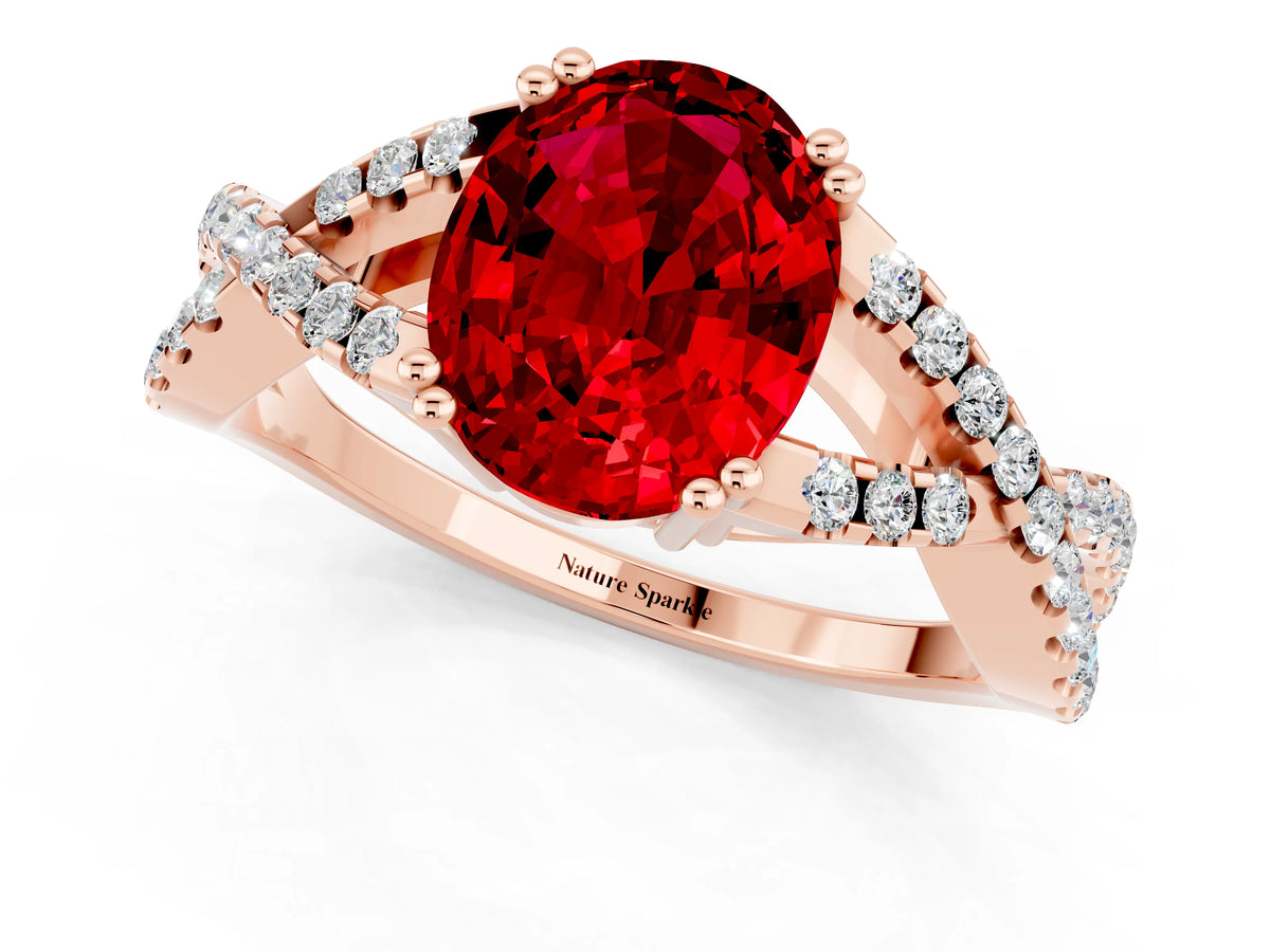 Oval Cut Ruby Solitaire Ring in Rose gold with Interwoven Pavé Band and Prong Setting_1