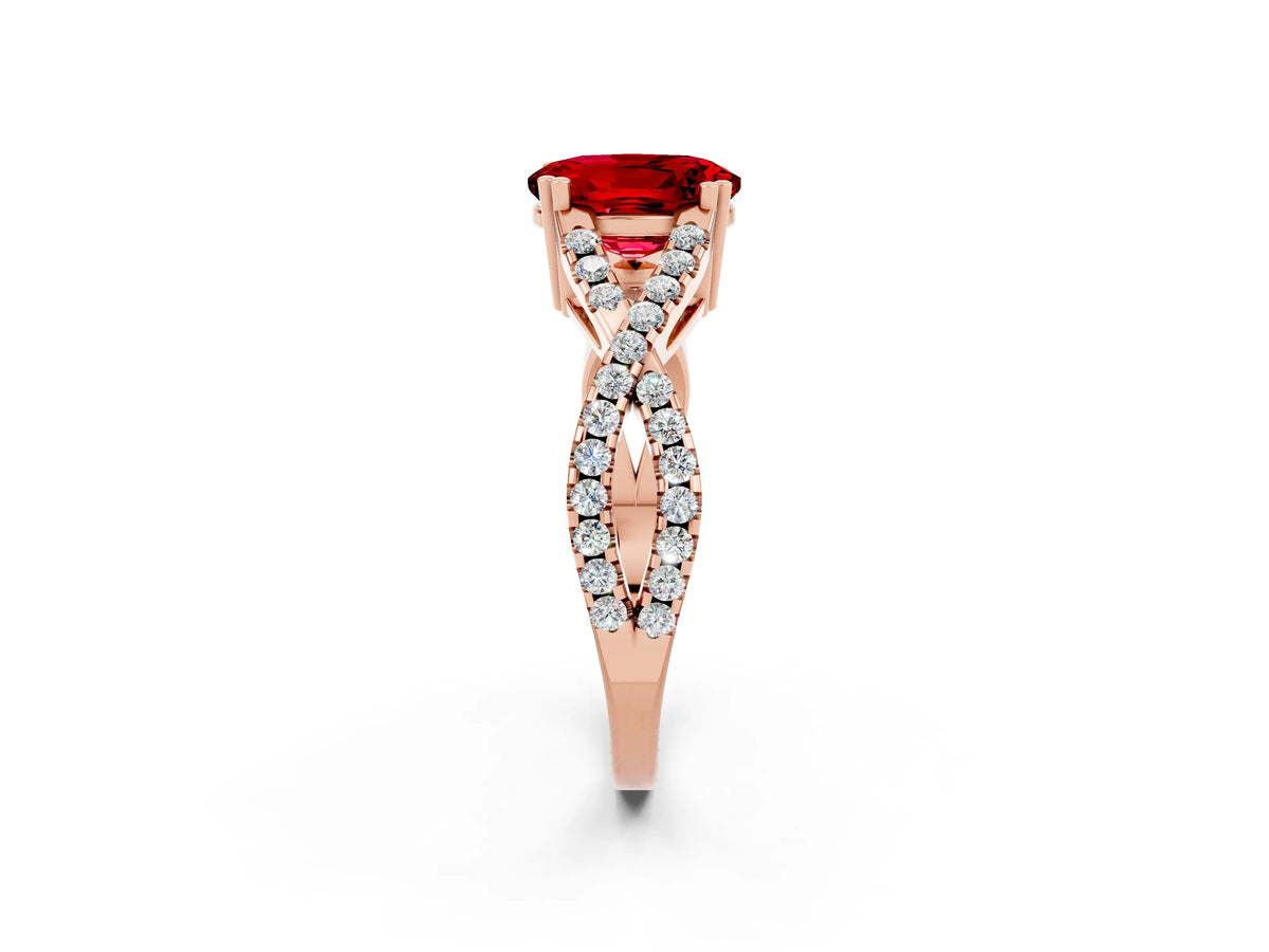 Oval Cut Ruby Solitaire Ring in Rose gold with Interwoven Pavé Band and Prong Setting_2