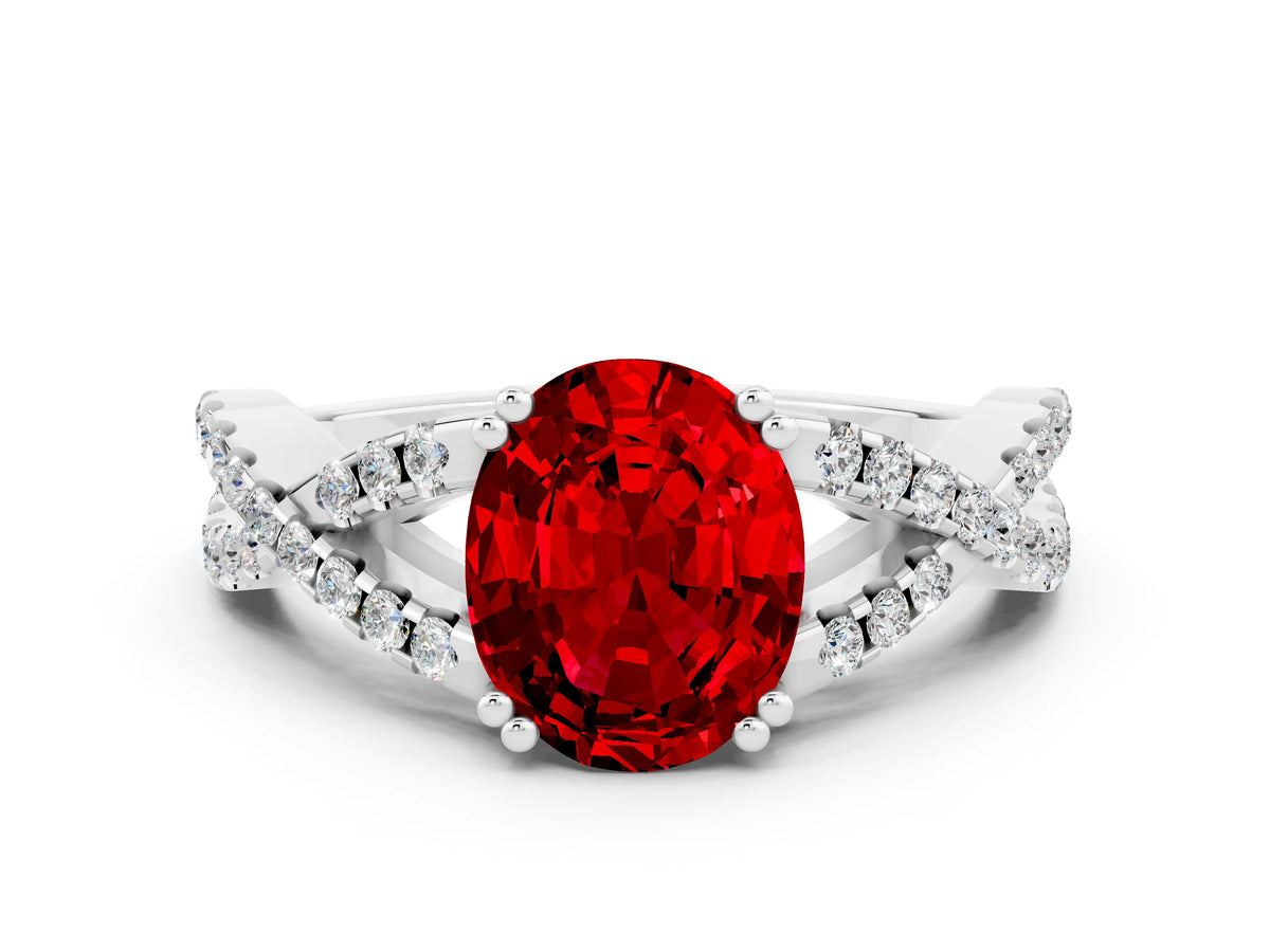 Oval Cut Ruby Solitaire Ring in White gold with Interwoven Pavé Band and Prong Setting