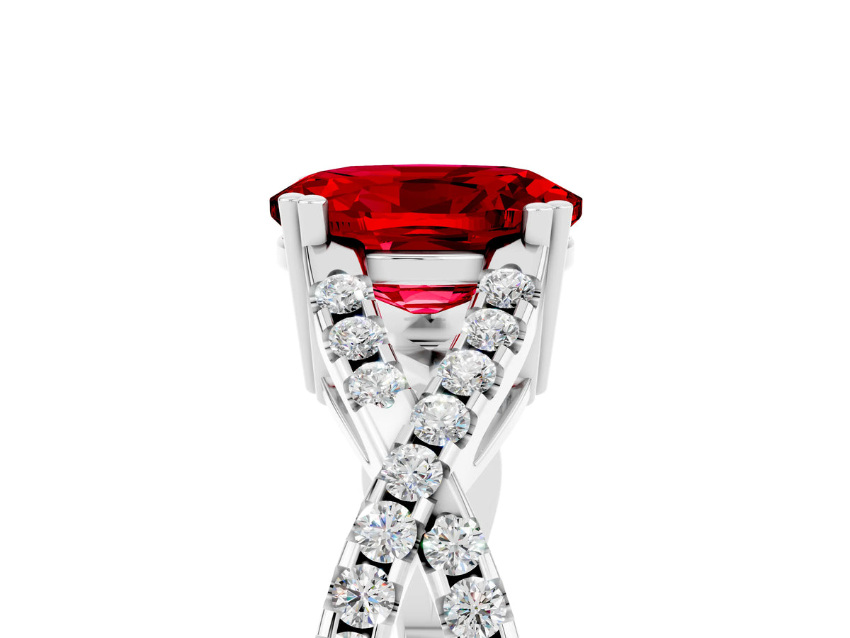 Oval Cut Ruby Solitaire Ring in White gold with Interwoven Pavé Band and Prong Setting_5