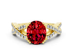 Oval Cut Ruby Solitaire Ring in Yellow gold with Interwoven Pavé Band and Prong Setting