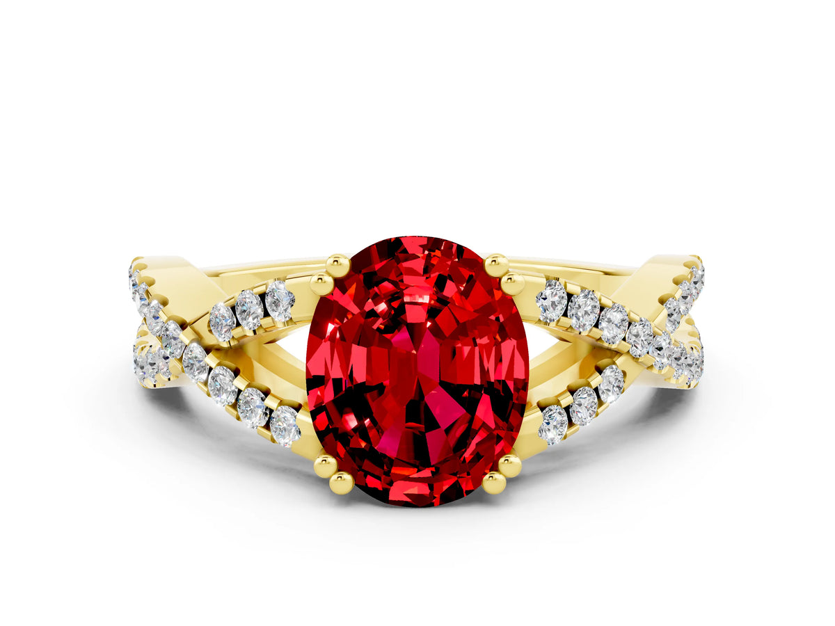 Oval Cut Ruby Solitaire Ring in Yellow gold with Interwoven Pavé Band and Prong Setting