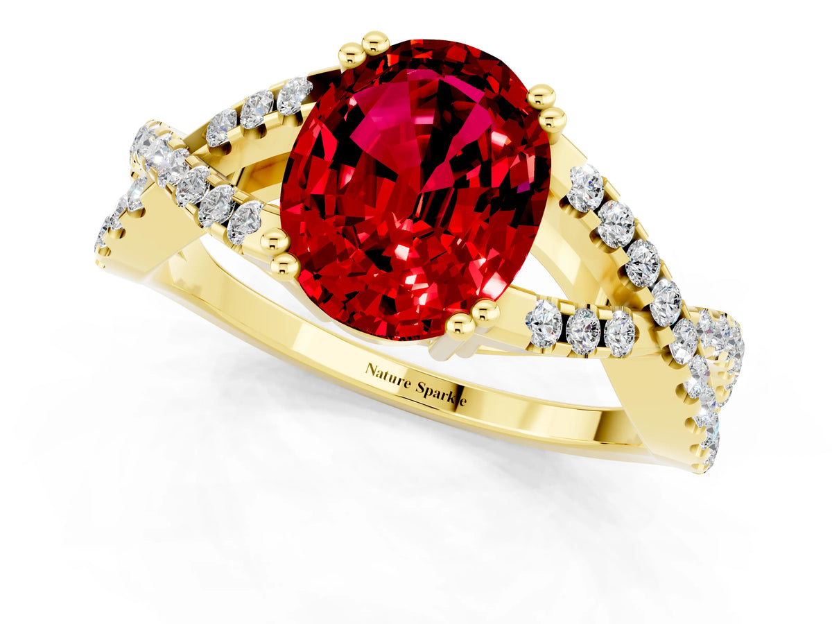 Oval Cut Ruby Solitaire Ring in Yellow gold with Interwoven Pavé Band and Prong Setting_1