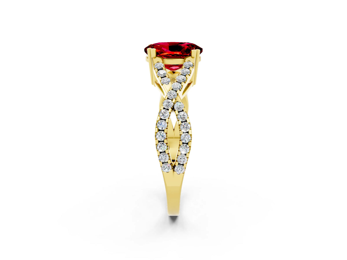 Oval Cut Ruby Solitaire Ring in Yellow gold with Interwoven Pavé Band and Prong Setting_2